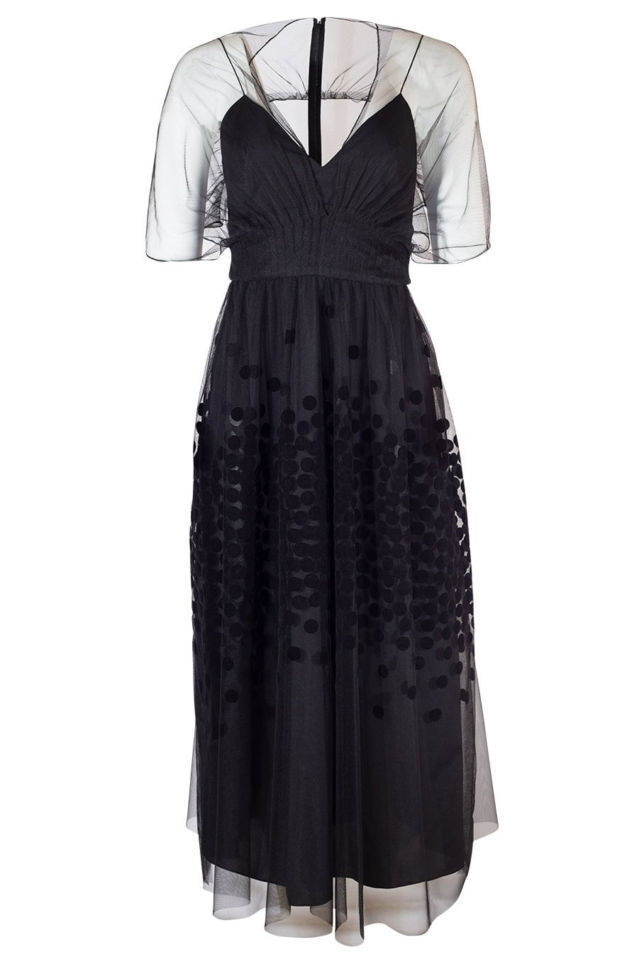 LELA ROSE-Flocked Dot V-Neck Midi Dress-