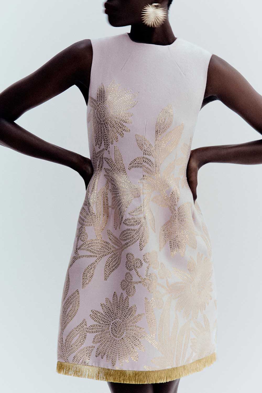 LELA ROSE-Sleeveless Metallic Fringe Dress-