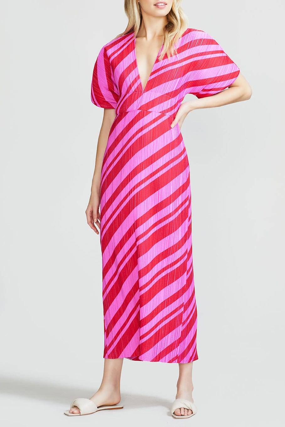 LELA ROSE-Pleated Taffeta V Neck Sheath-