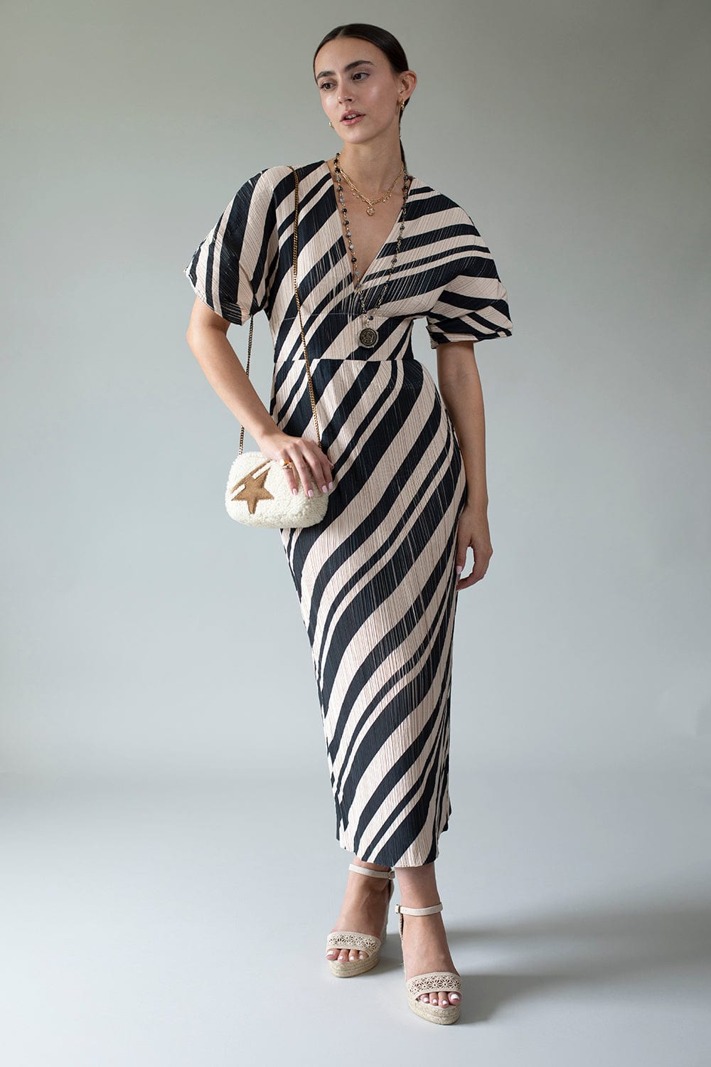 LELA ROSE-Pleated Taffeta V Neck Sheath - Sand-