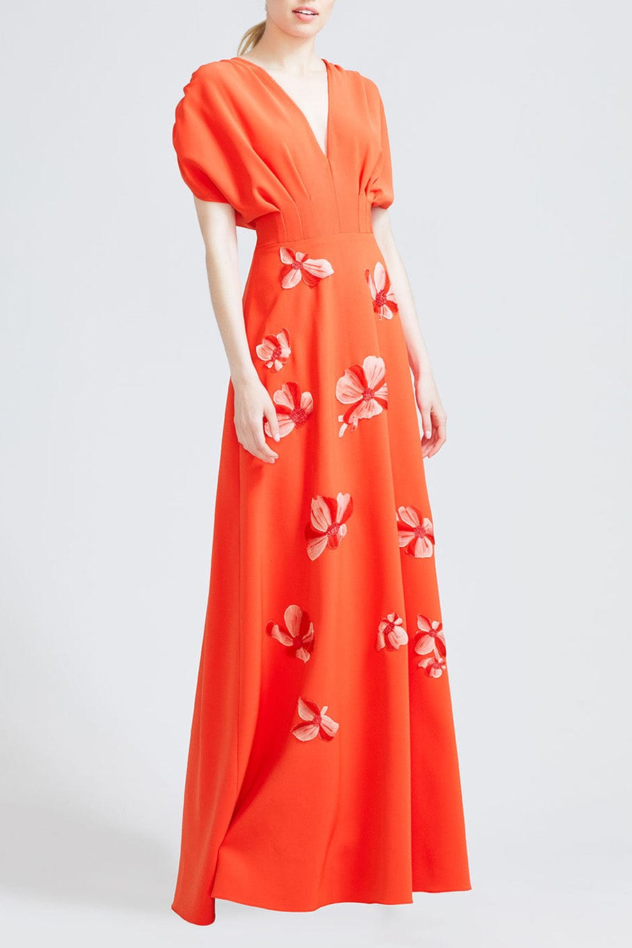 LELA ROSE-Floral Embroidered V Neck Gown-VERMILL