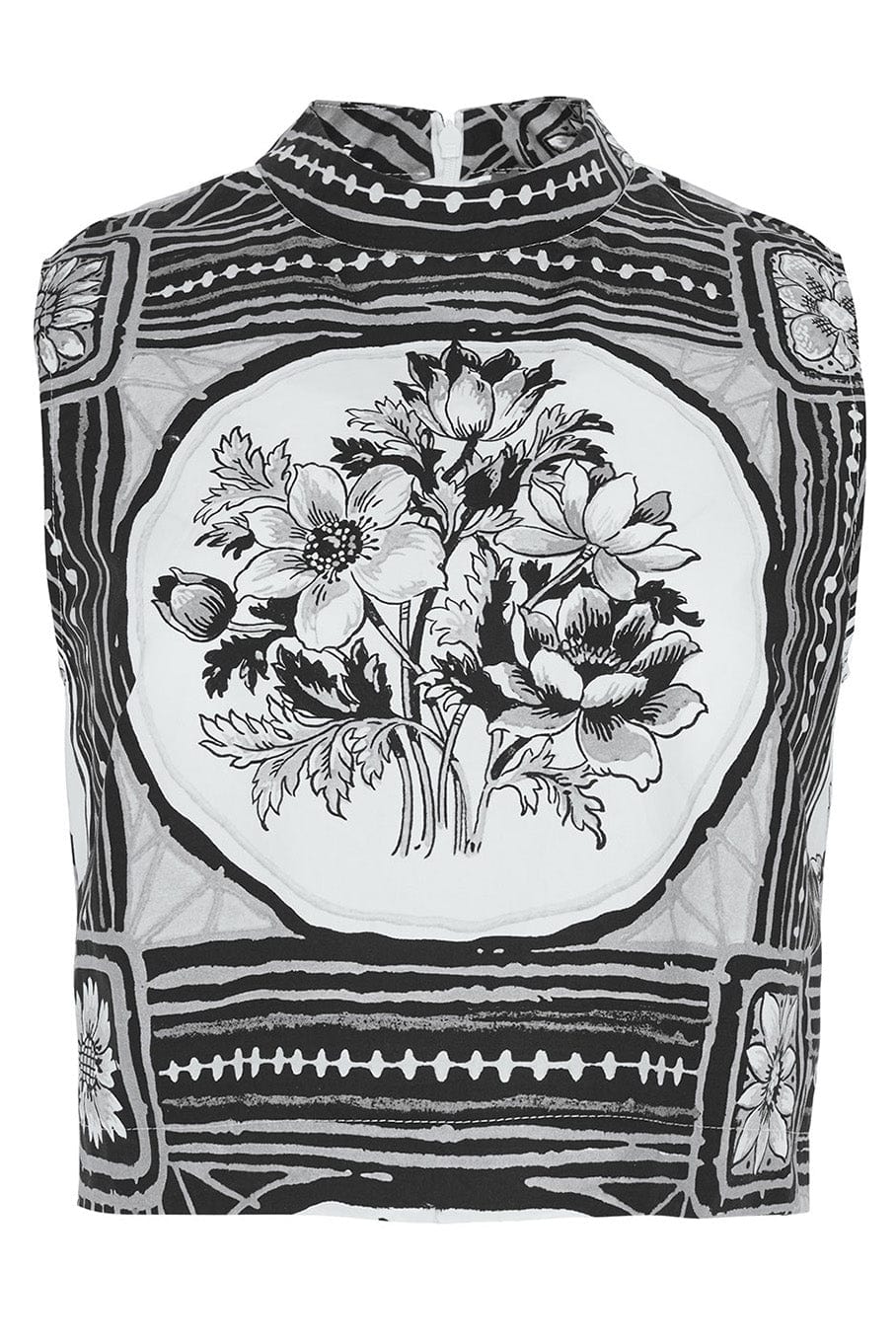 LELA ROSE-Medallion Floral Printed Poplin Sleeveless Top-