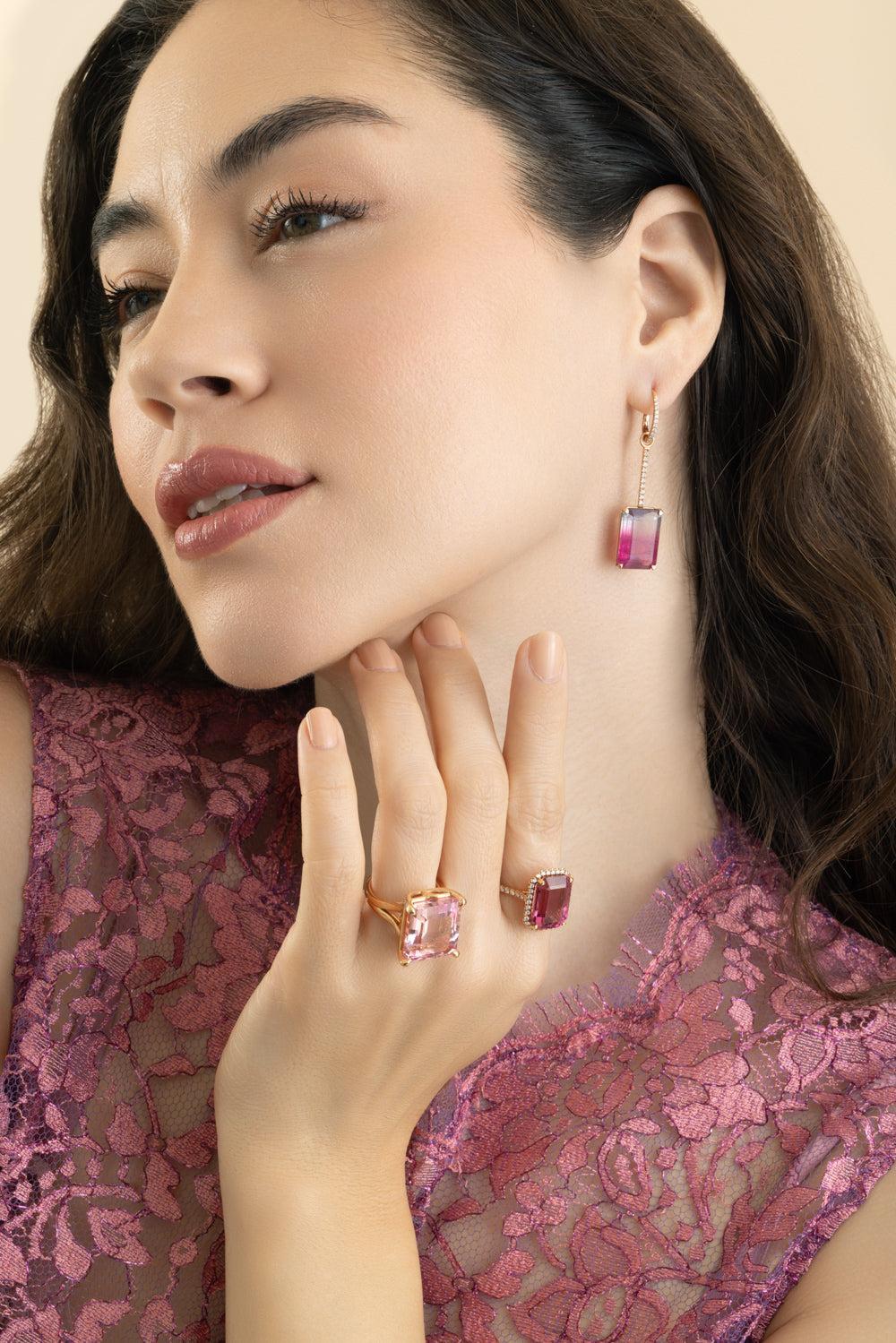 Watermelon Tourmaline Diamond Drop Earrings-ROSE GOLD-JEWELRYFINE JEWELEARRING-LISA NIK