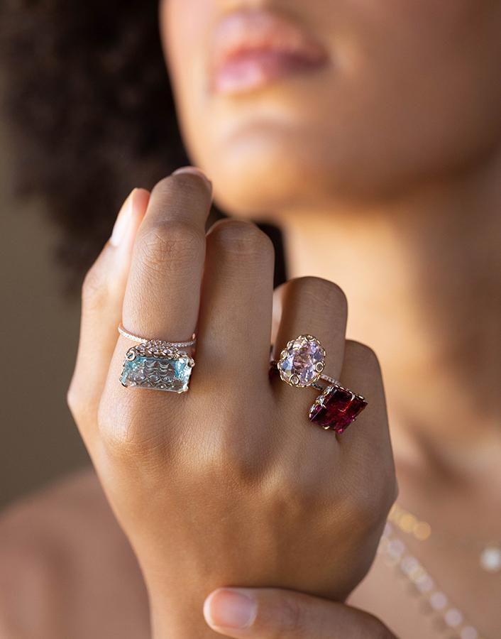 LITO-Emerald Cut Aquamarine Diamond Ring-ROSE GOLD