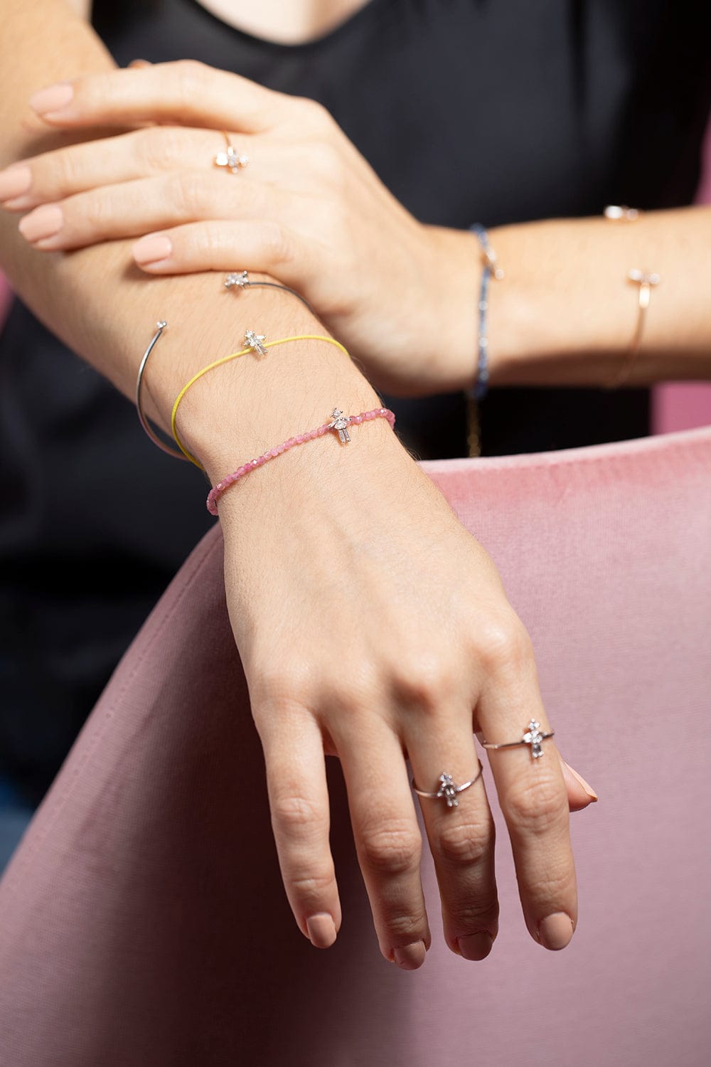 LITTLE ONES-Baguette Diamond Rose Tourmaline Bracelet-WHITE GOLD
