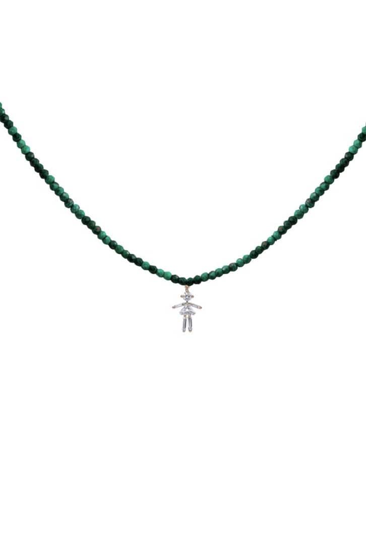 LITTLE ONES-Baguette Diamond Malachite Bead Girl Necklace-YELLOW GOLD