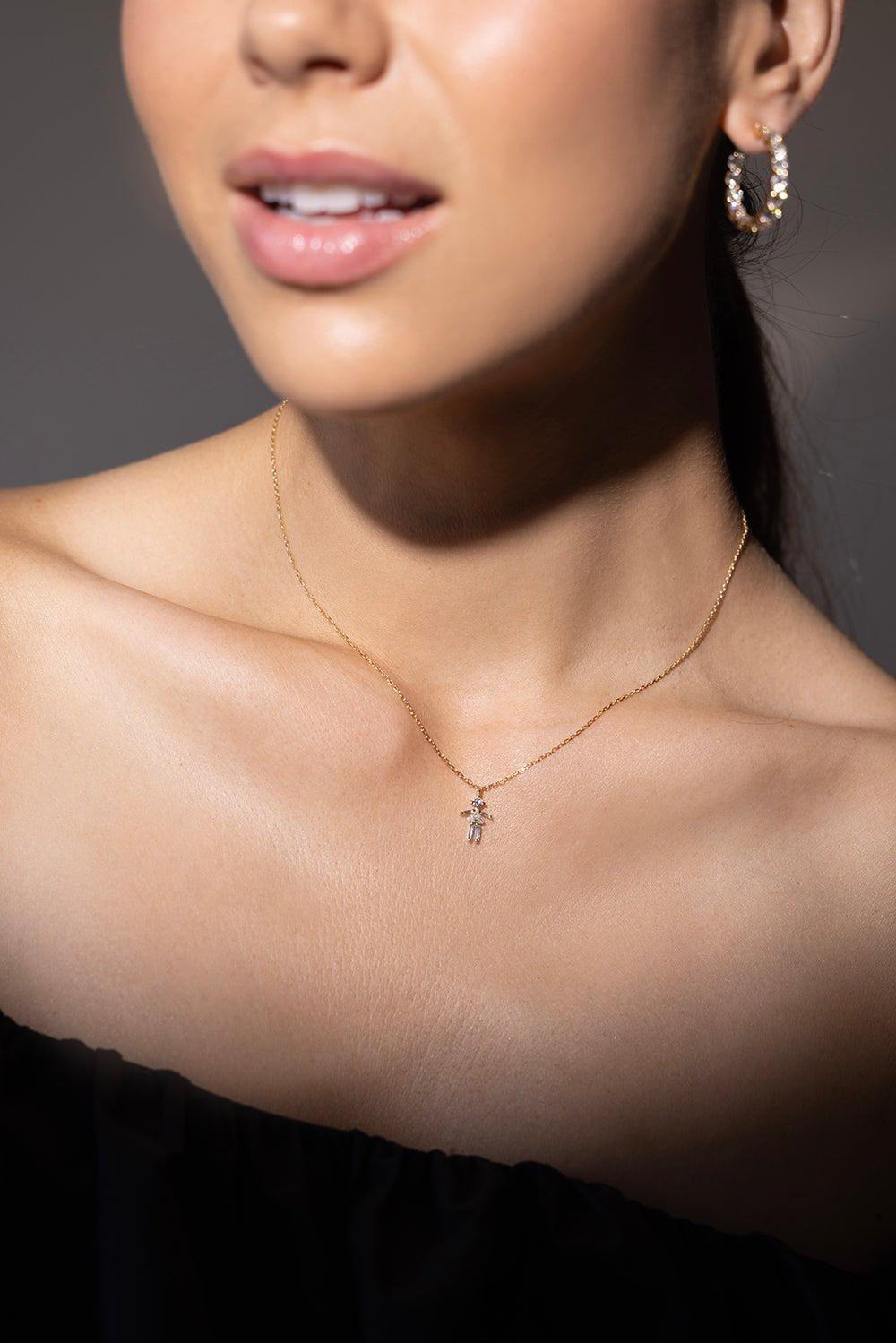 LITTLE ONES-Baguette Diamond Yellow Gold Girl Necklace-YELLOW GOLD