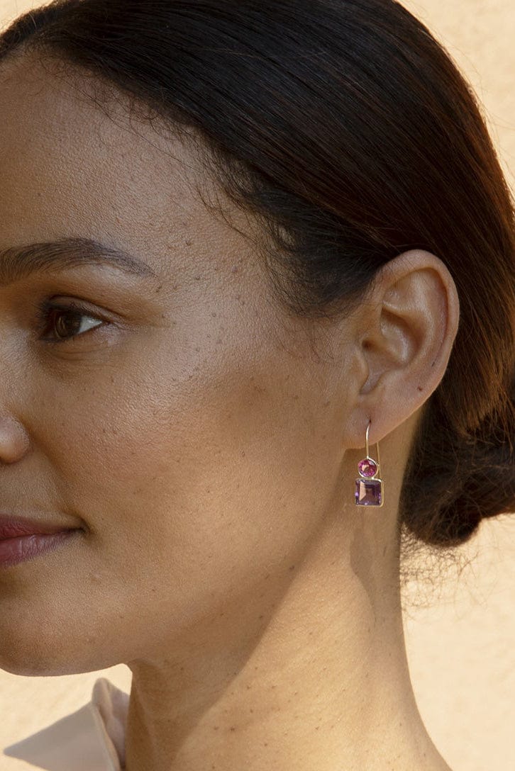 LIZZIE FORTUNATO FINE-Pink Topaz and Amethyst Pastille Earrings-YELLOW GOLD