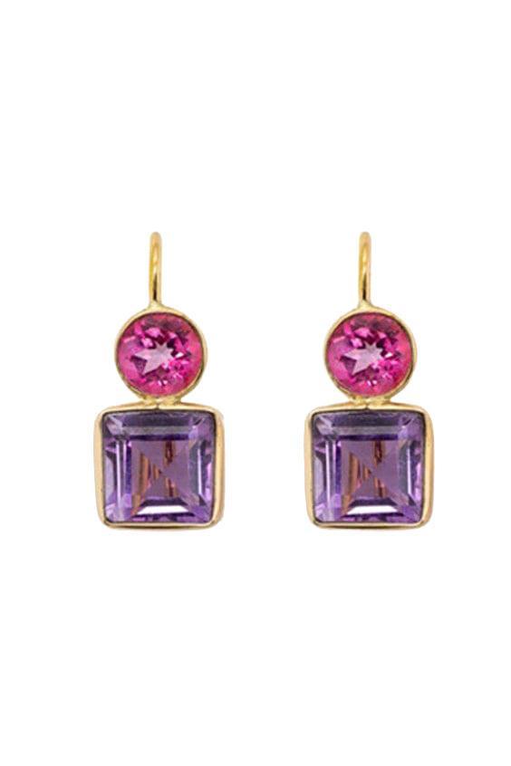 Pink Topaz and Amethyst Pastille Earrings-YELLOW GOLD-JEWELRYFINE JEWELEARRING-LIZZIE FORTUNATO FINE