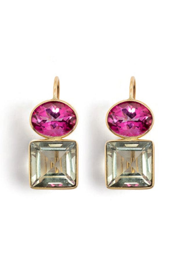 LIZZIE FORTUNATO FINE-Pink Topaz and Green Amethyst Duo Earrings-YELLOW GOLD