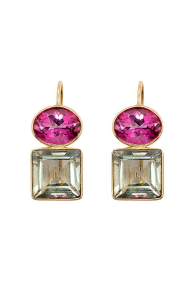 Pink Topaz Green Amethyst Duo Earrings-YELLOW GOLD-JEWELRYFINE JEWELEARRING-LIZZIE FORTUNATO FINE