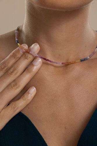 Shaded Pastel Sapphire Tiny Beaded Necklace-YELLOW GOLD-16-JEWELRYFINE JEWELNECKLACE O-LIZZIE FORTUNATO FINE