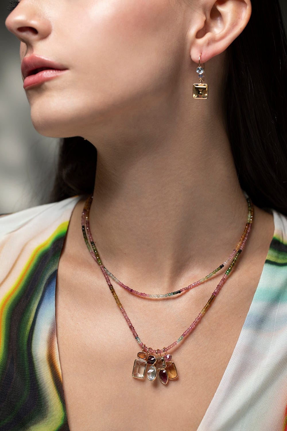 LIZZIE FORTUNATO FINE-Brown Tourmaline and Green Amethyst Necklace Charm-YELLOW GOLD