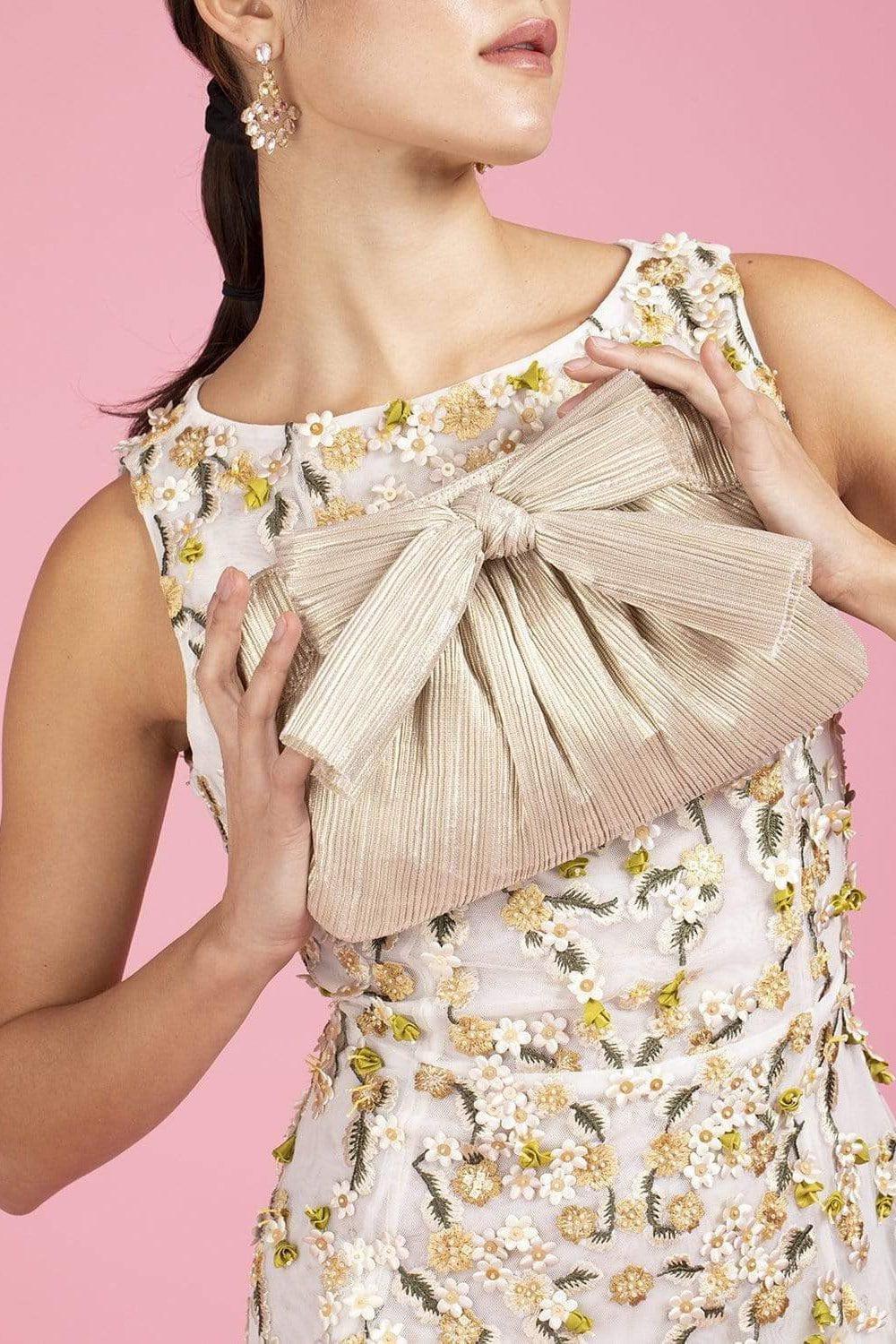 LOEFFLER RANDALL-Pleated Frame Clutch With Bow - Platinum-PLATINUM