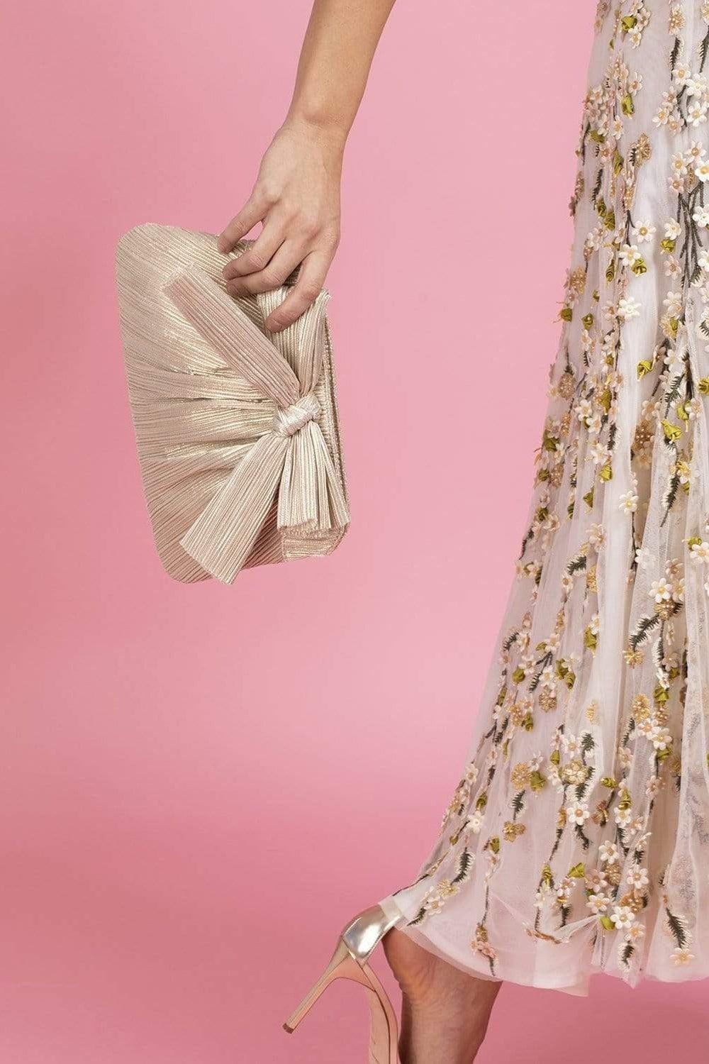 LOEFFLER RANDALL-Pleated Frame Clutch With Bow - Platinum-PLATINUM