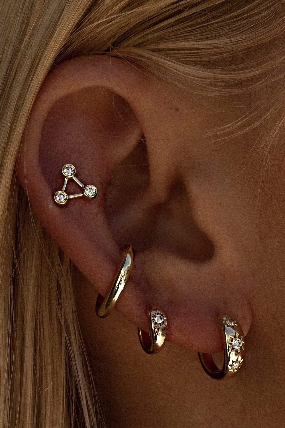 LOGAN HOLLOWELL-Mini Summer Triangle Diamond Constellation Earrings-YELLOW GOLD