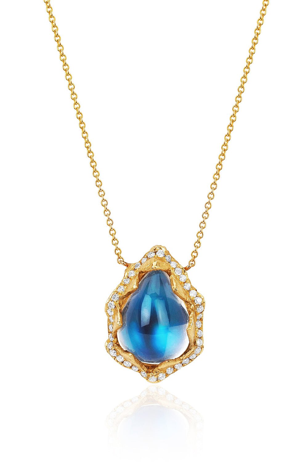 LOGAN HOLLOWELL-Queen Water Drop Full Pavé Halo Blue Moonstone Necklace-YELLOW GOLD