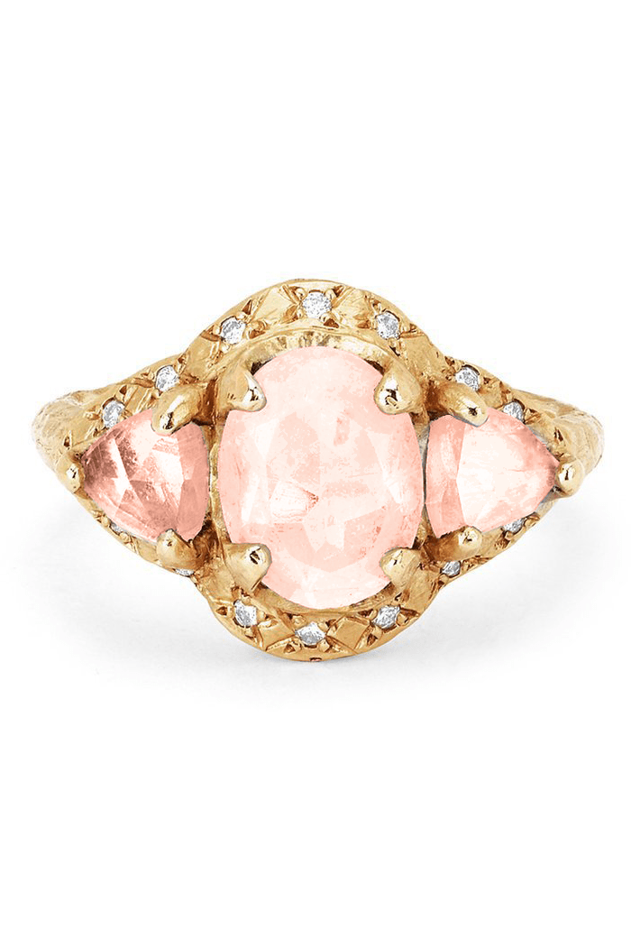 LOGAN HOLLOWELL-Triple Goddess Trillion Morganite Ring with Sprinkled Diamonds-6