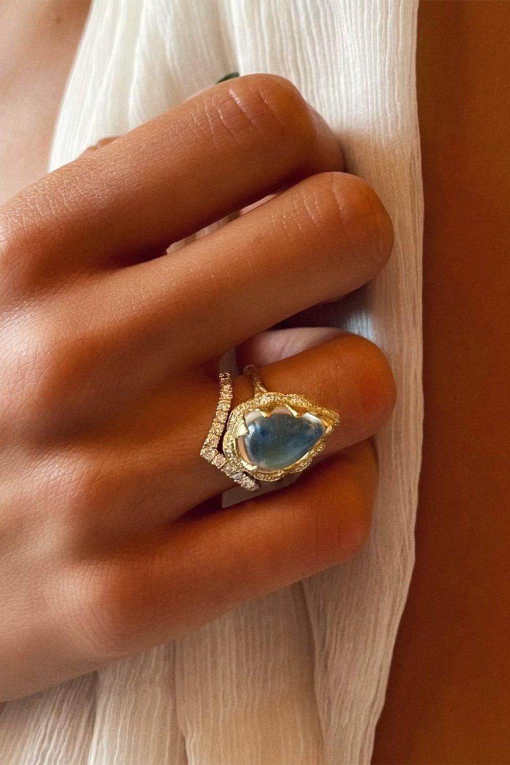 LOGAN HOLLOWELL-Queen Water Full Pavé Halo Drop Blue Moonstone Ring-YELLOW GOLD