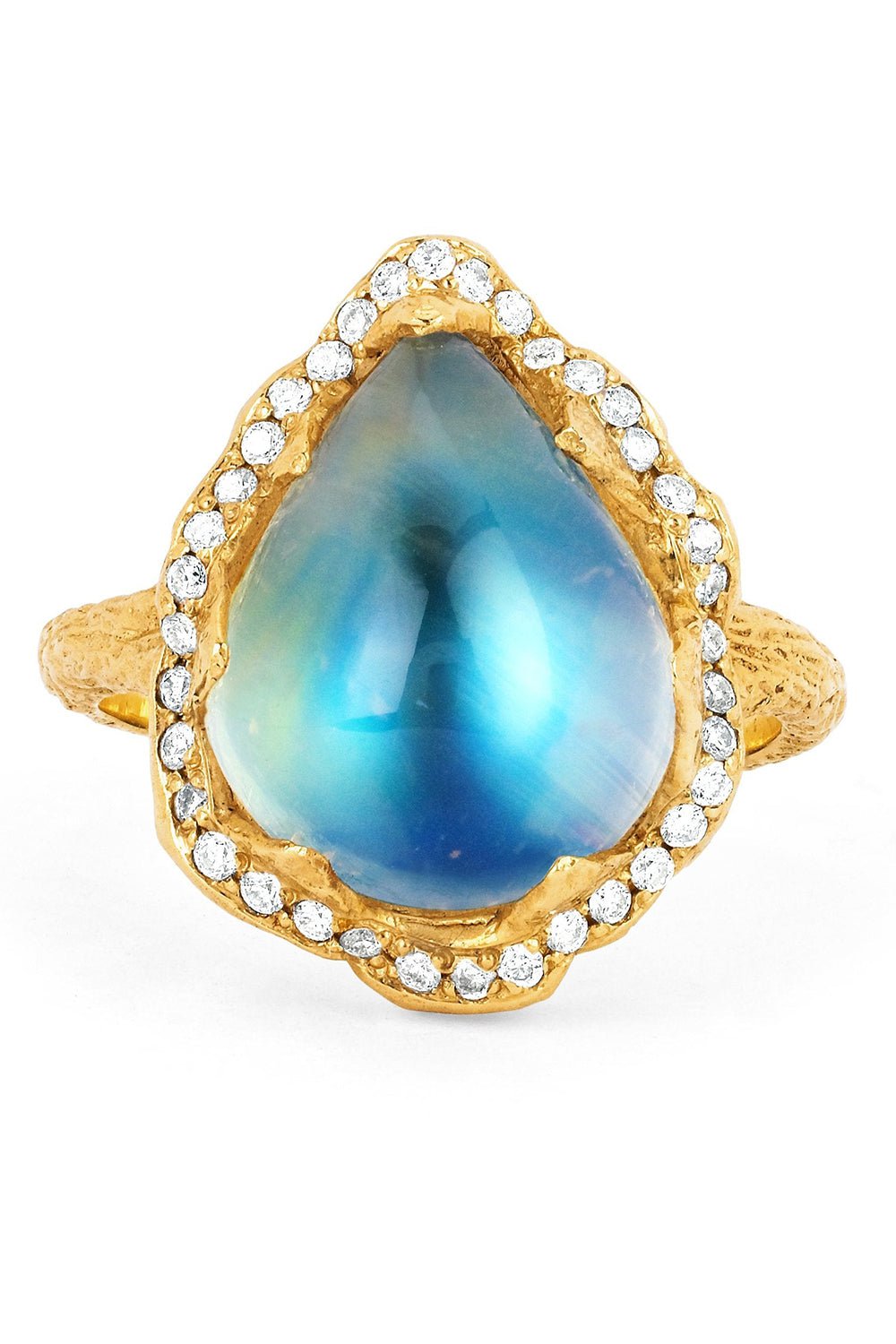 LOGAN HOLLOWELL-Queen Water Full Pavé Halo Drop Blue Moonstone Ring-YELLOW GOLD