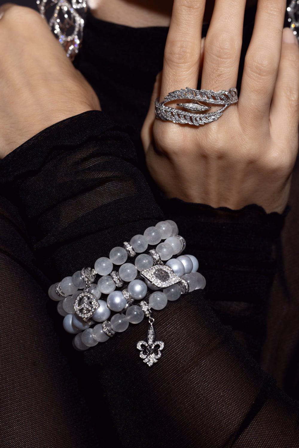 LOREE RODKIN-Peace Sign Moonstone Beaded Charm Bracelet-WHITE GOLD