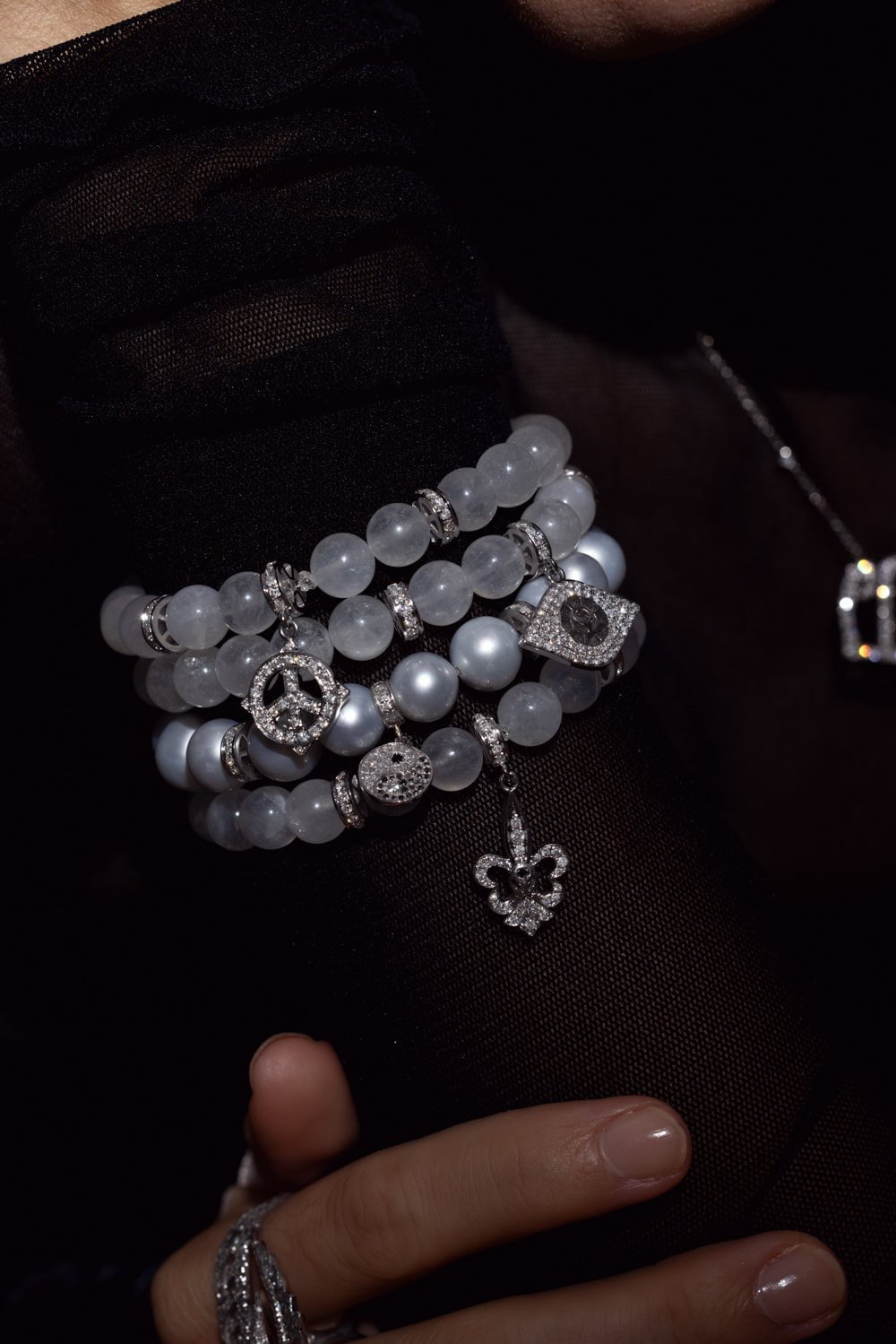LOREE RODKIN-Peace Sign Moonstone Beaded Charm Bracelet-WHITE GOLD