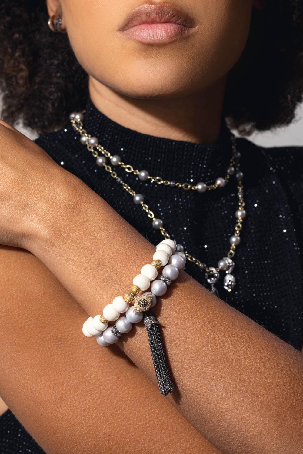 LOREE RODKIN-Small Evil Eye Bone Bead Bracelet-YELLOW GOLD