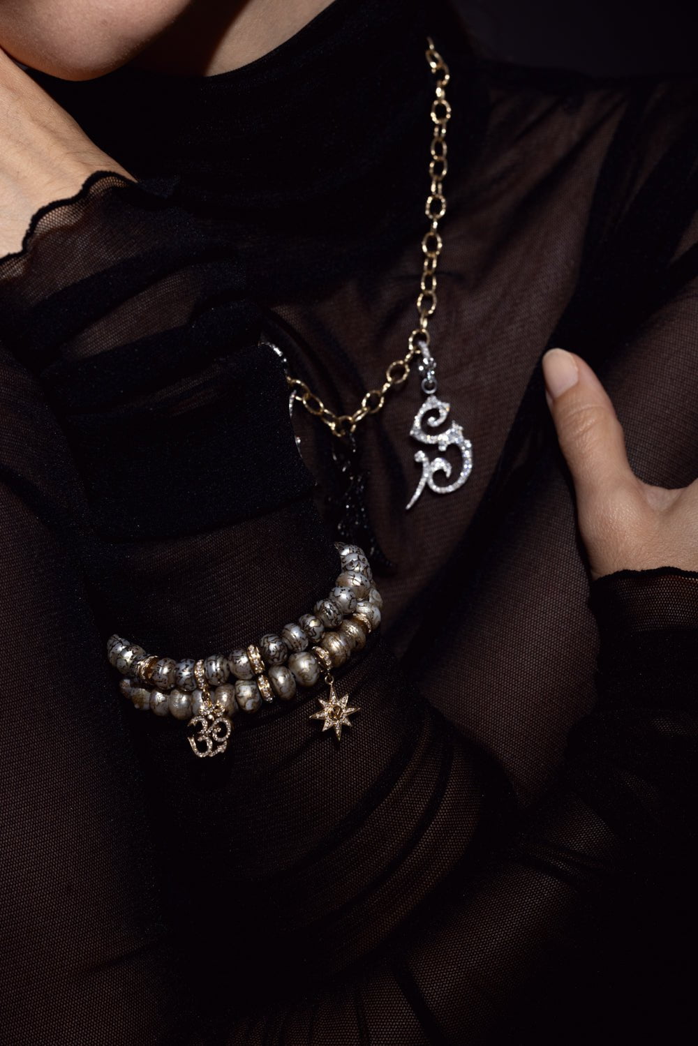 LOREE RODKIN-Starburst Charm Pearl Beaded Bracelet-YELLOW GOLD