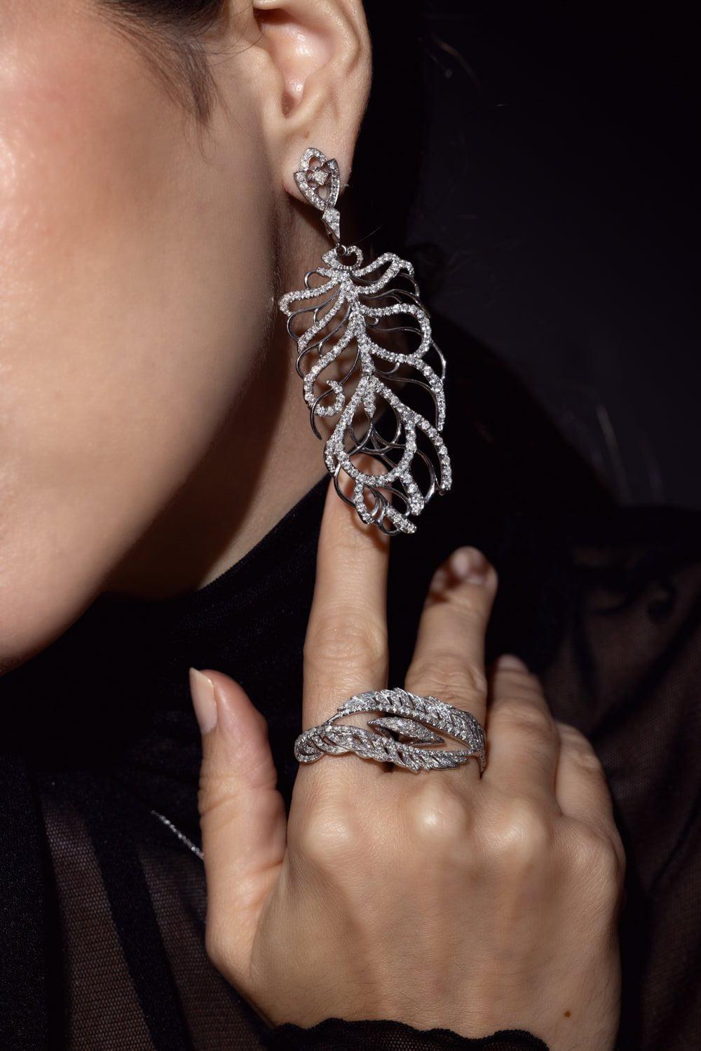 LOREE RODKIN-Articulated Medium Feather Earrings-WHITE GOLD
