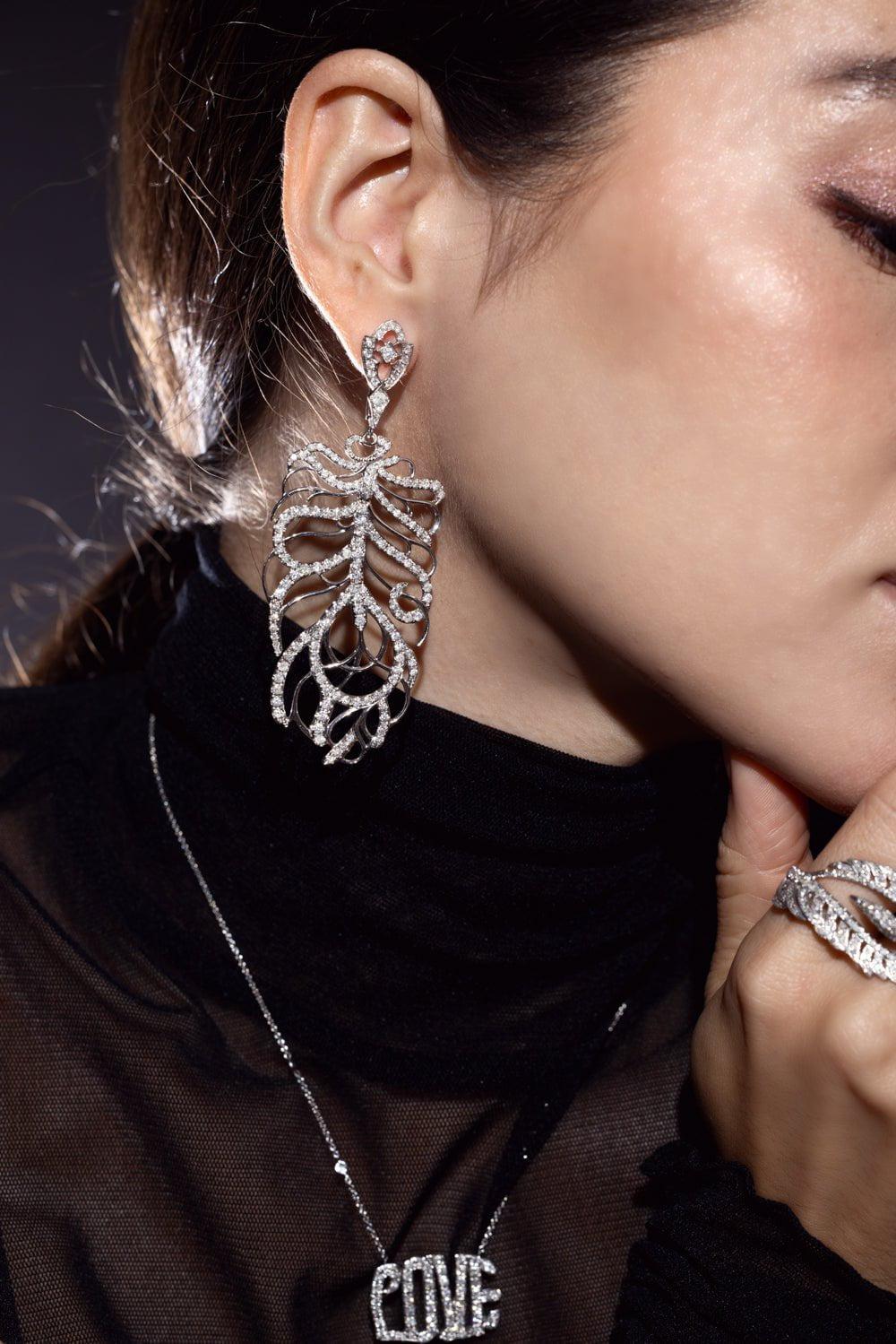 LOREE RODKIN-Articulated Medium Feather Earrings-WHITE GOLD