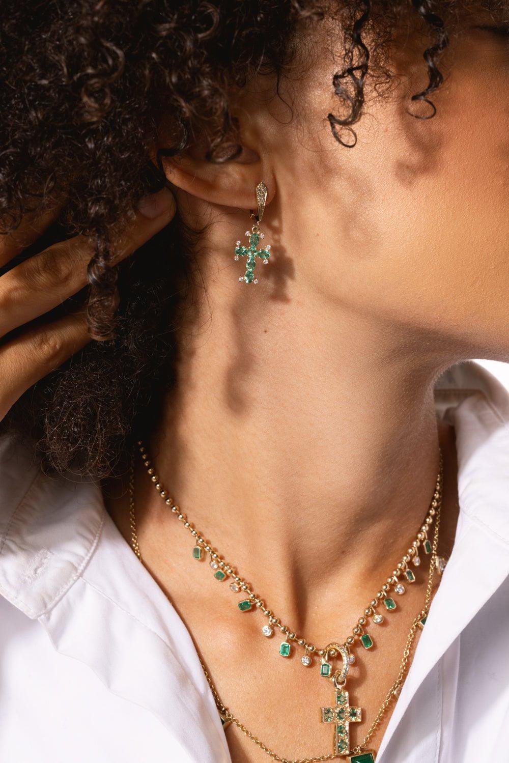 LOREE RODKIN-Emerald Diamond Cross Charm Hoop Earrings-YELLOW GOLD