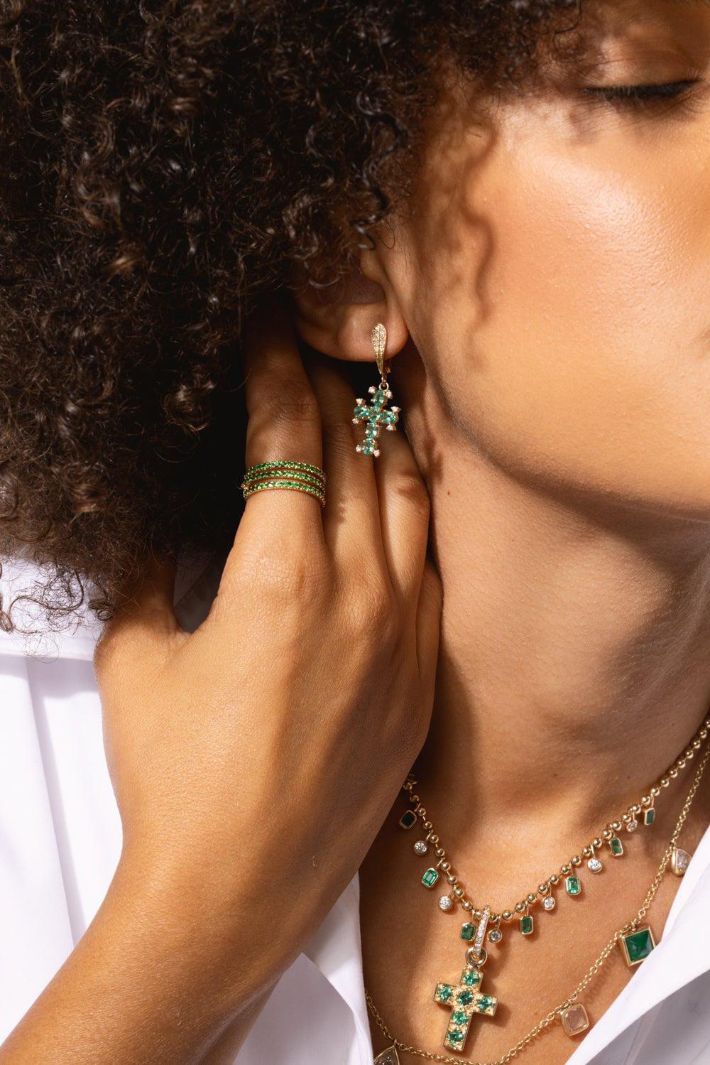 LOREE RODKIN-Emerald Diamond Cross Charm Hoop Earrings-YELLOW GOLD