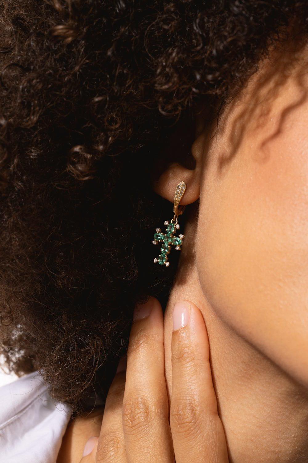 LOREE RODKIN-Emerald Diamond Cross Charm Hoop Earrings-YELLOW GOLD