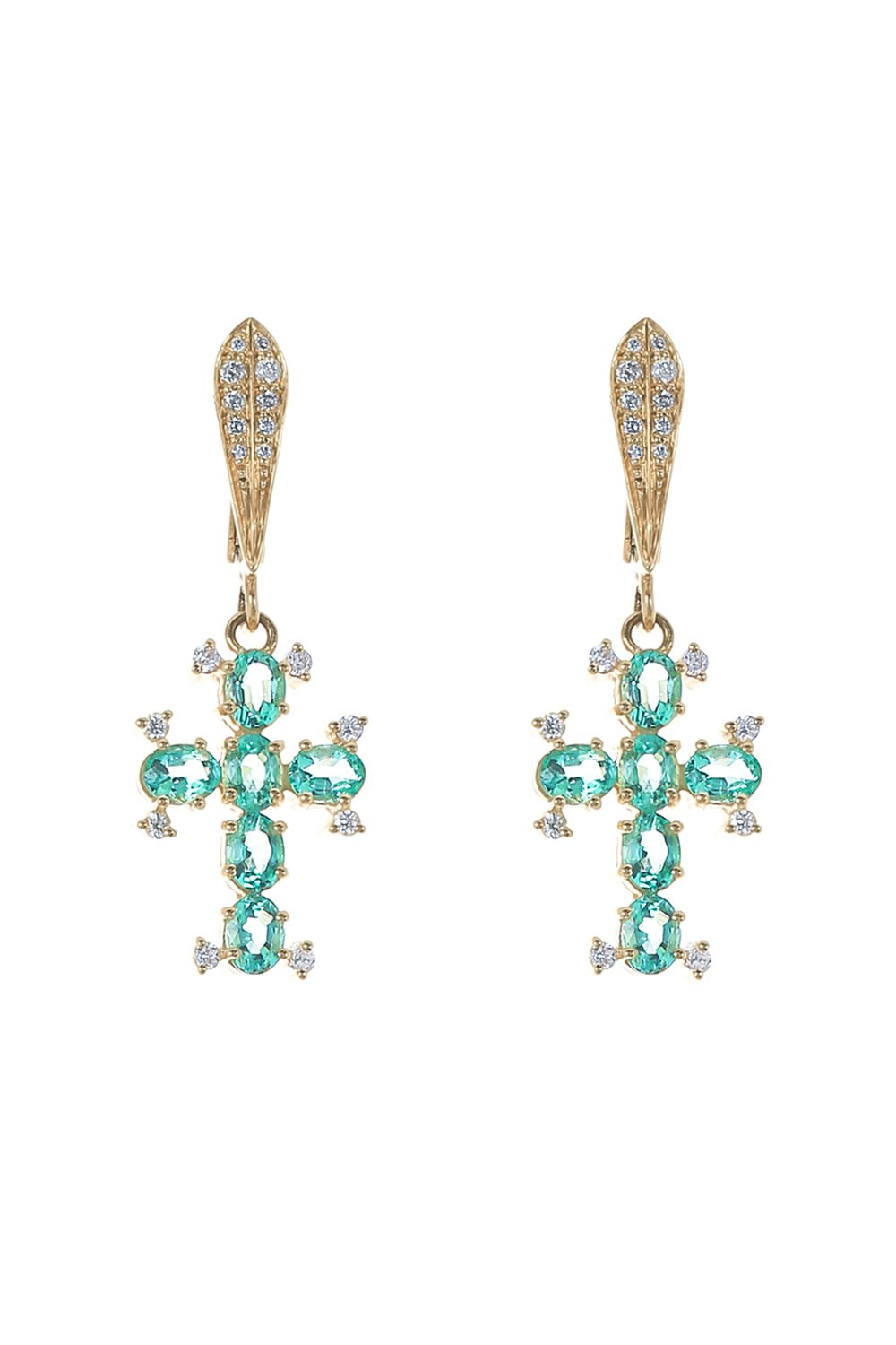 LOREE RODKIN-Emerald Diamond Cross Charm Hoop Earrings-YELLOW GOLD