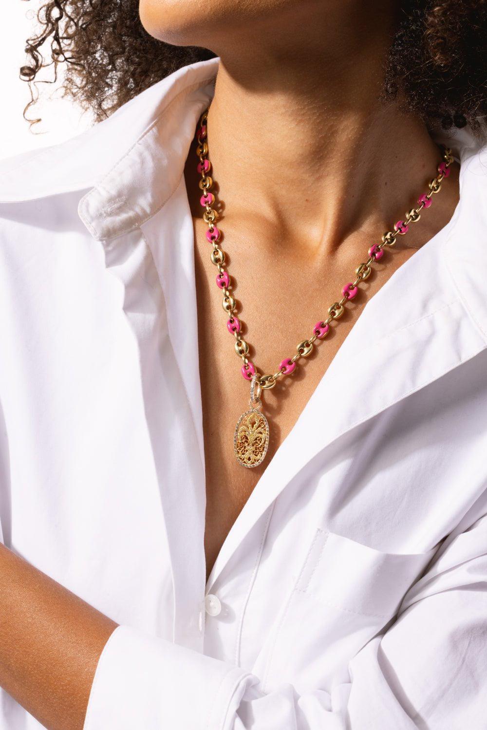 LOREE RODKIN-Small Diamond Oval Fleur De Lis Charm-YELLOW GOLD