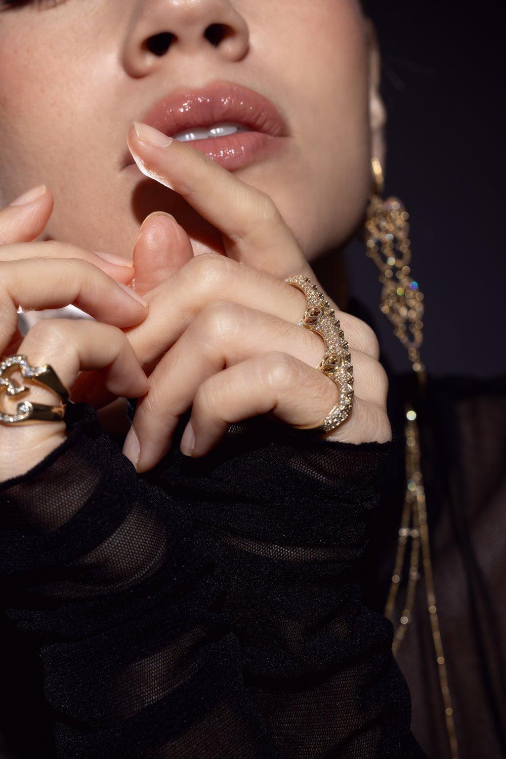 LOREE RODKIN-Triple Pyramid Thin Knuckle Ring-YELLOW GOLD