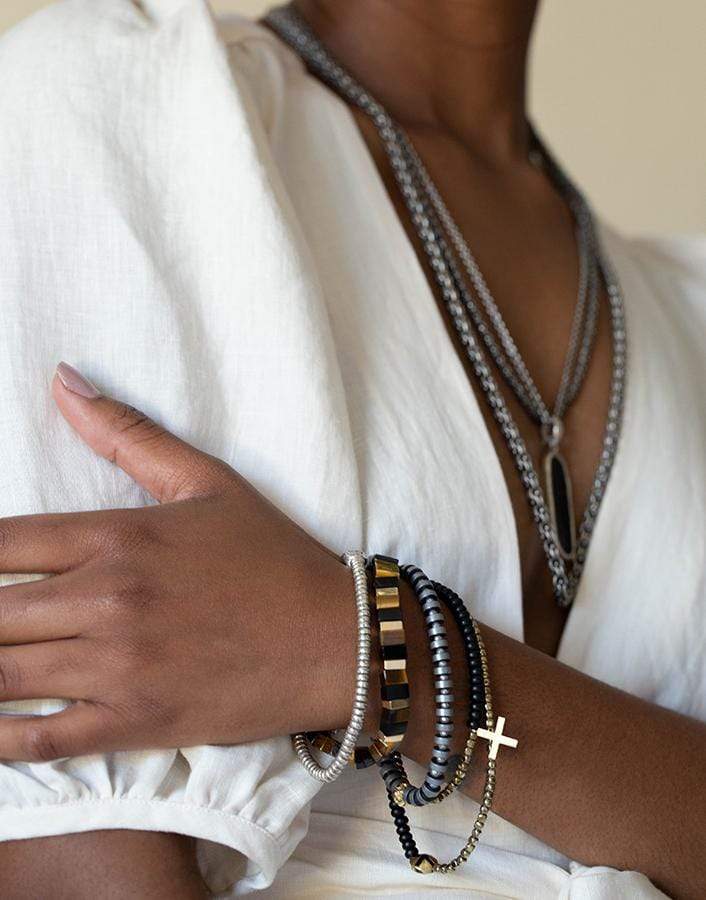 LUIS MORAIS-Double Wrap Black and Gold Beaded Bracelet-YELLOW GOLD