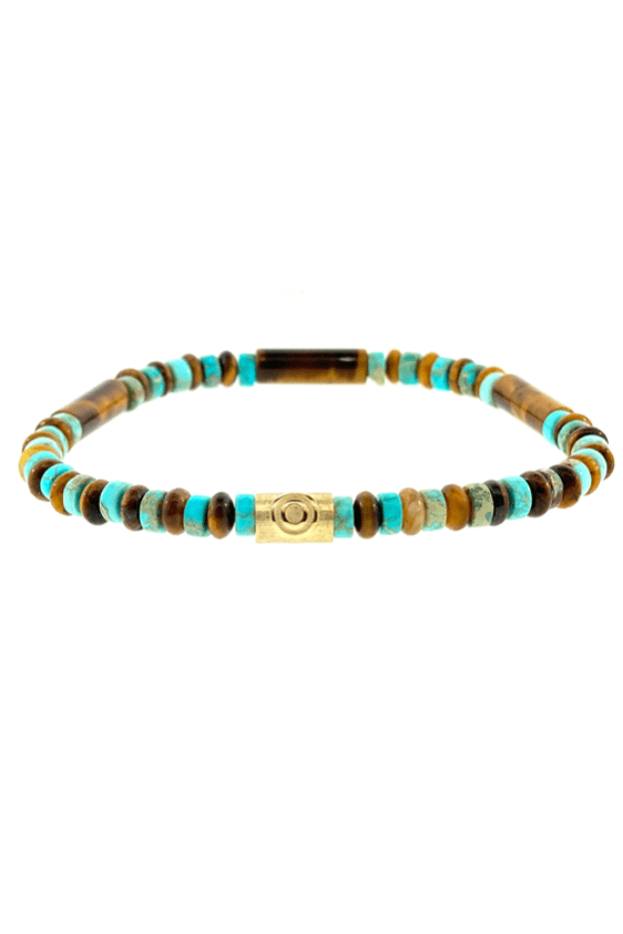 LUIS MORAIS-Turquoise and Tigers Eye Mix Bead Bracelet-YELLOW GOLD