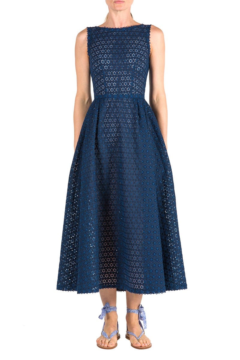 LUISA BECCARIA-Sleeveless Eyelet Midi Dress-