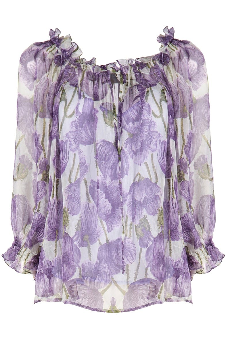 LUISA BECCARIA-Big Poppies Chiffon Blouse-