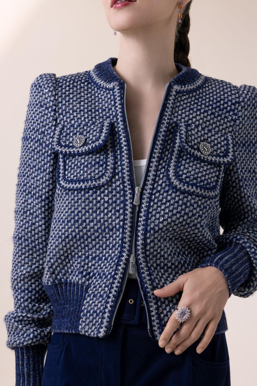 Tweed Bomber Jacket-BLUE-32-CLOTHINGJACKETCASUAL-MAISON COMMON
