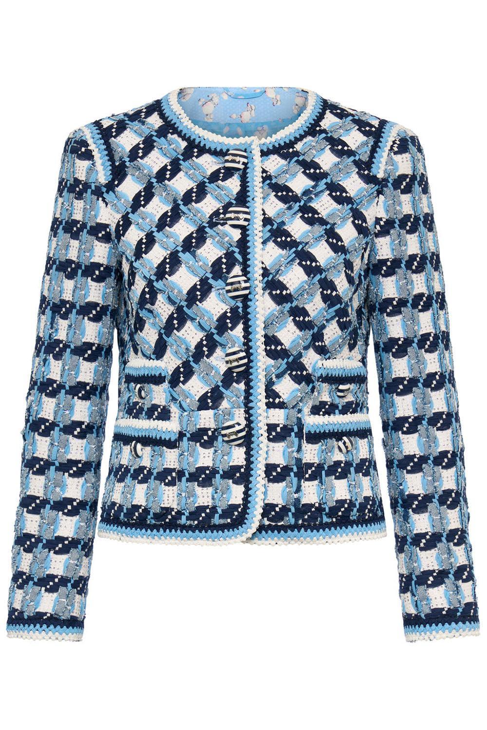 Jewel Neck Tweed Striped Jacket-BLUE-34-CLOTHINGJACKETCASUAL-MAISON COMMON