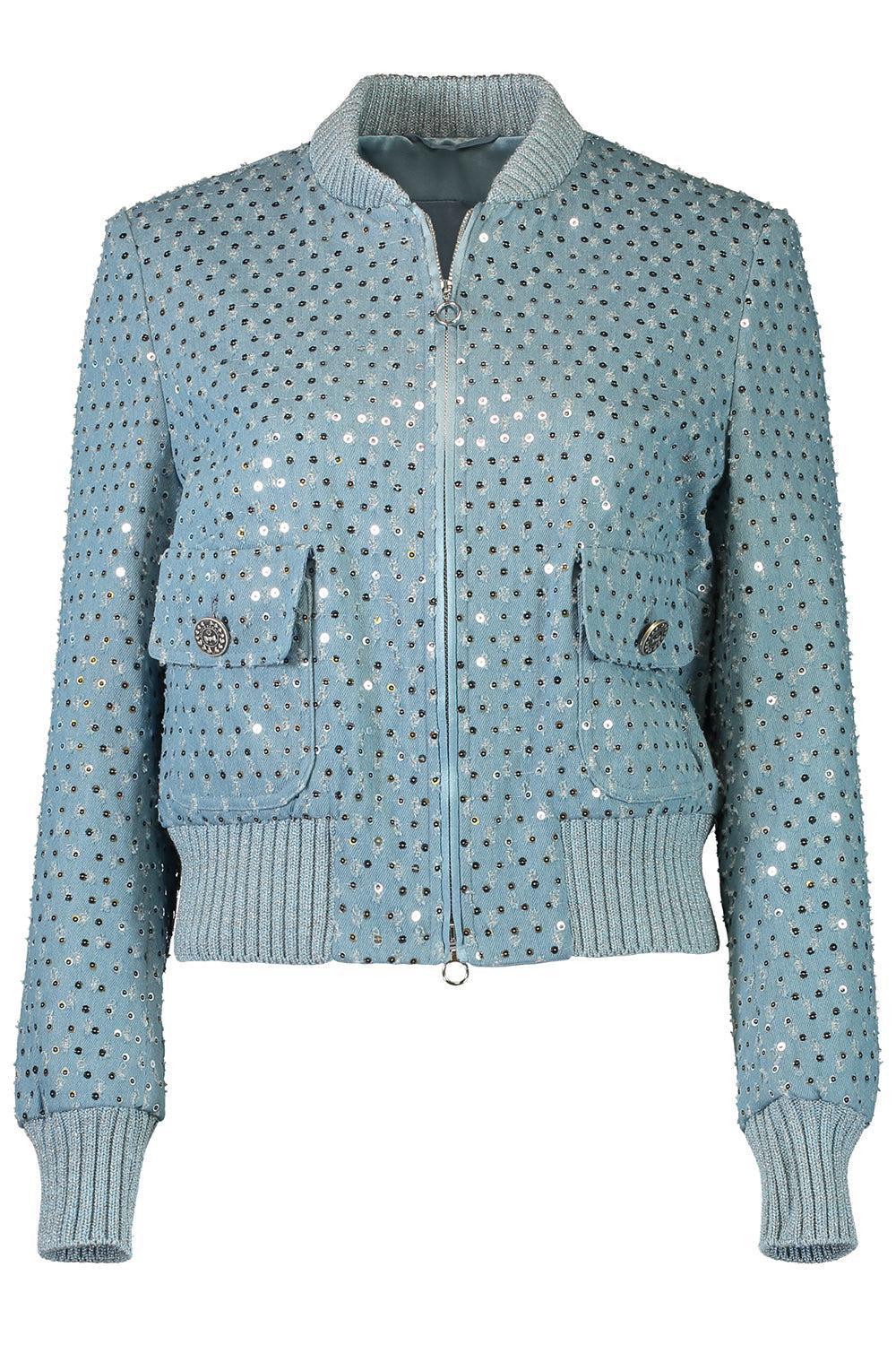 Zip Front Paillette Jacket-DENIM-34-CLOTHINGJACKETCASUAL-MAISON COMMON