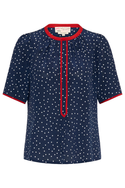 Short Sleeve Dot Print Blouse - Navy-BLUE-32-CLOTHINGTOPBLOUSE-MAISON COMMON