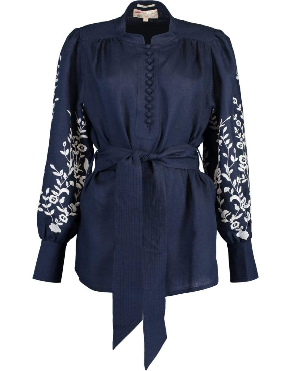 MAISON COMMON-Navy Embroidered Linen Belted Blouse-