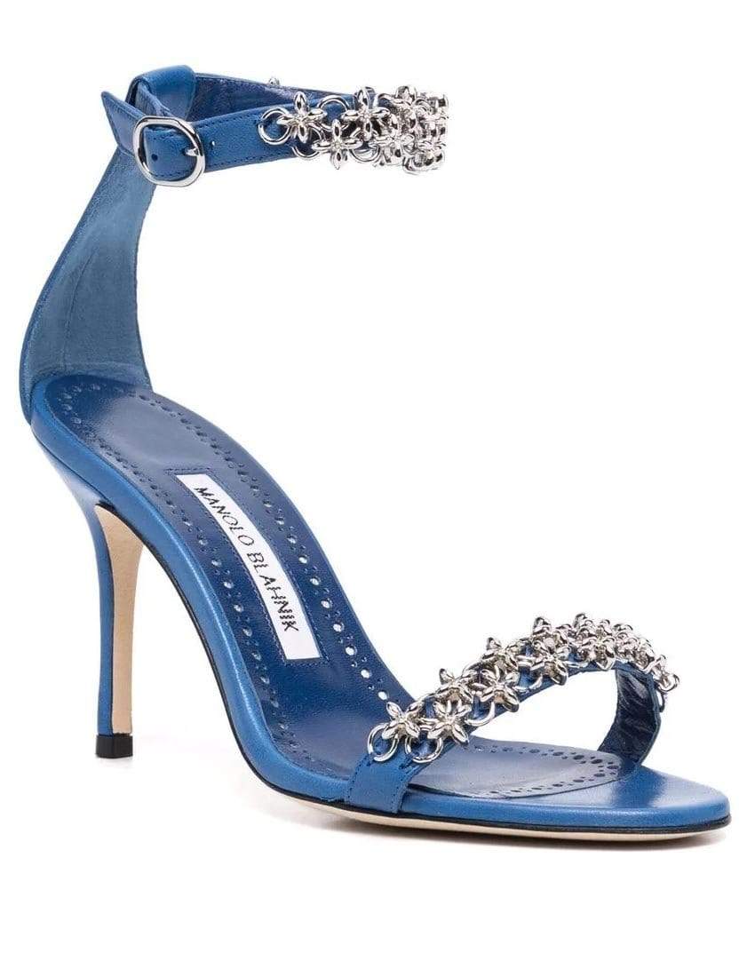 MANOLO BLAHNIK-Blue Rekik Leather Chain Ankle-Strap Sandals-