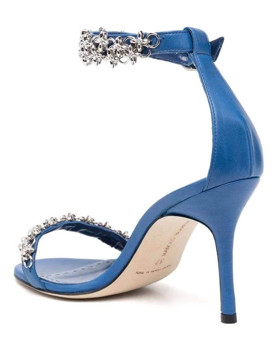 MANOLO BLAHNIK-Blue Rekik Leather Chain Ankle-Strap Sandals-