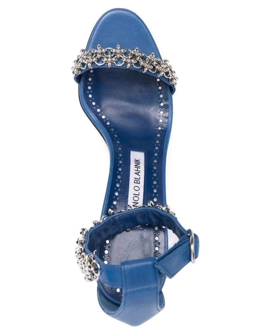 MANOLO BLAHNIK-Blue Rekik Leather Chain Ankle-Strap Sandals-