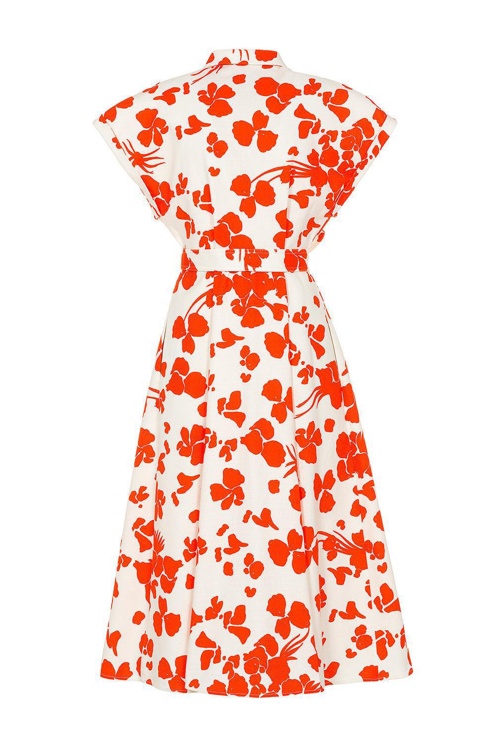Short Sleeve Buttoned Print Dress-ORNG/WHT-38-CLOTHINGDRESSCASUAL-MANTU