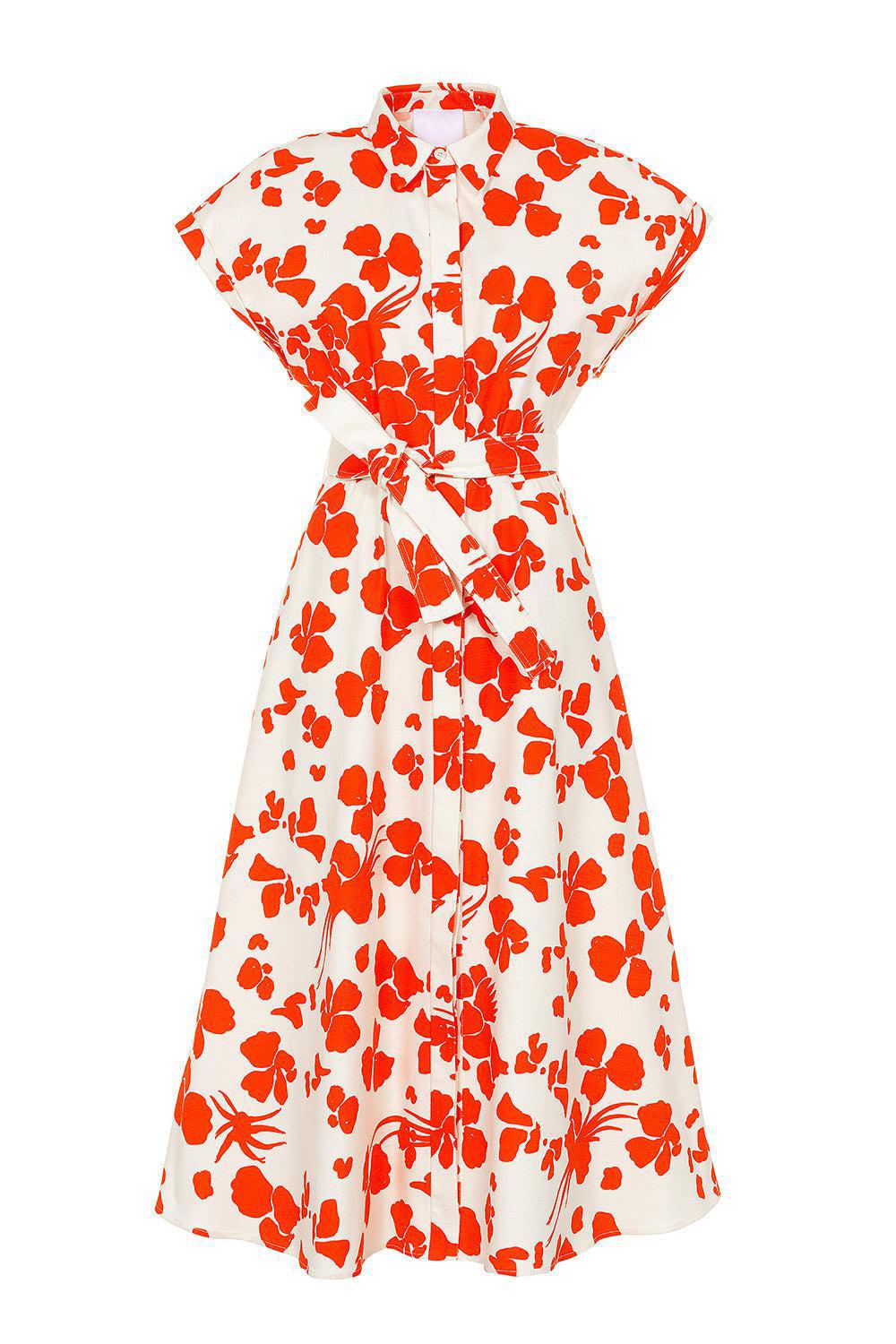 Short Sleeve Buttoned Print Dress-ORNG/WHT-38-CLOTHINGDRESSCASUAL-MANTU